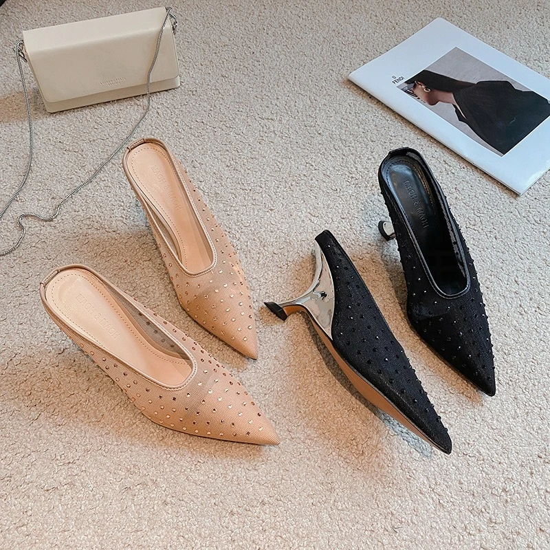 

New Women Shoes Exquisite Pointed Tip High Heeled Slippers for Woman Fashion Rhinestone Casual Shoe Designer Shoes Zapatos Mujer