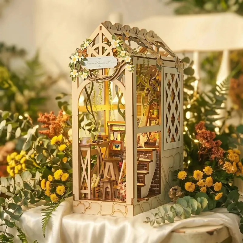 DIY Book Nook Shelf Insert Kit Serene Flower House Bookend Miniature Dollhouse 3D Puzzle Assembly Model for Adults Birthday Gift