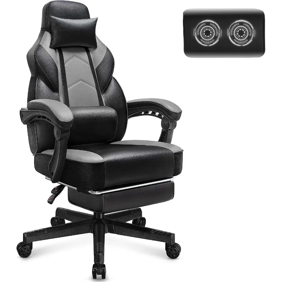 Gaming Chair for Adult, Computer Chair with Footrest, Video Game Chair for Big and Tall, Grey Mesh with Massage Lumbar Support,
