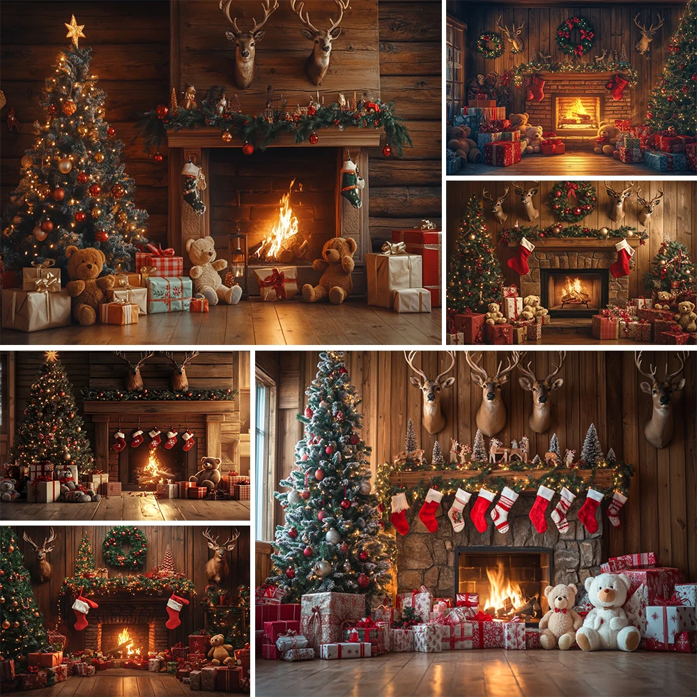 

Christmas Photography Background Indoor Fireplace Fire Christmas Tree Candle Gifts Bell Wreath Decoration Photo Studio