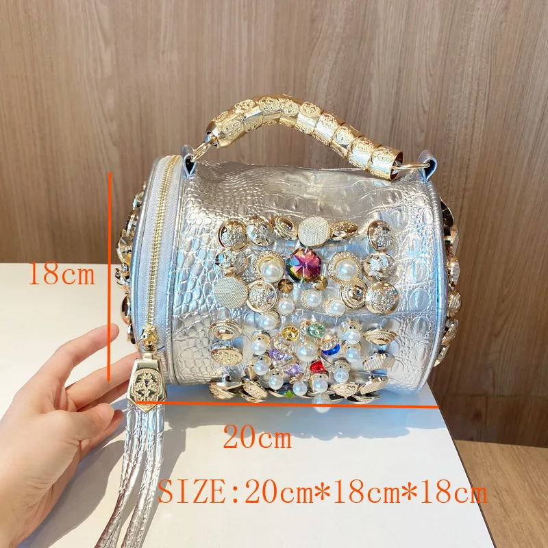 New Women\'s Bag Cylinder Handmade Shoulder Bag Water Diamond Bag Versatile One Shoulder Crossbody Bag Pillow Bag