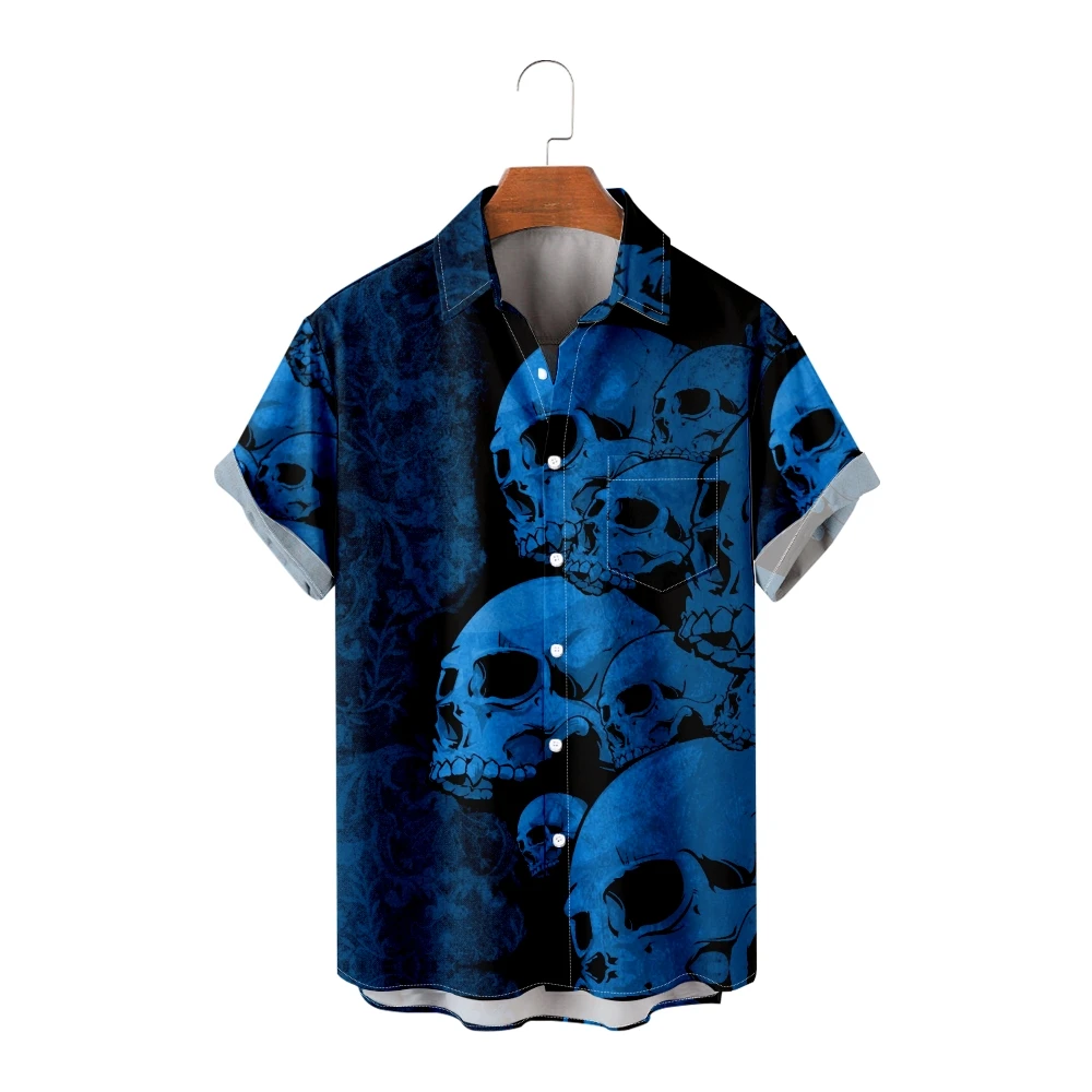 Casual Hawaiian Shirt Short Sleeve Shirt For Men Harajuku Skull Hiphop Y2k Fashion Gothic Streetwear Cozy Clothes