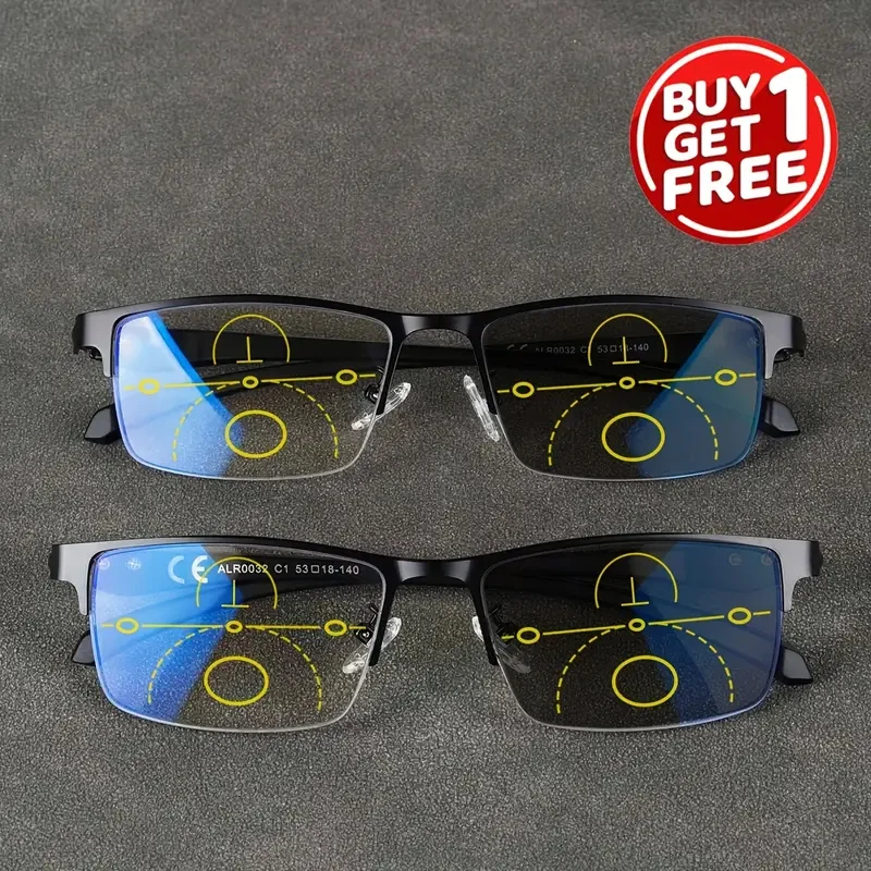 2pcs Unisex Fashion Metal Semi-Rimmed Photochromic Progressive Multifocal Reading Glasses - Blue Light Blocking for Outdoor 1.0
