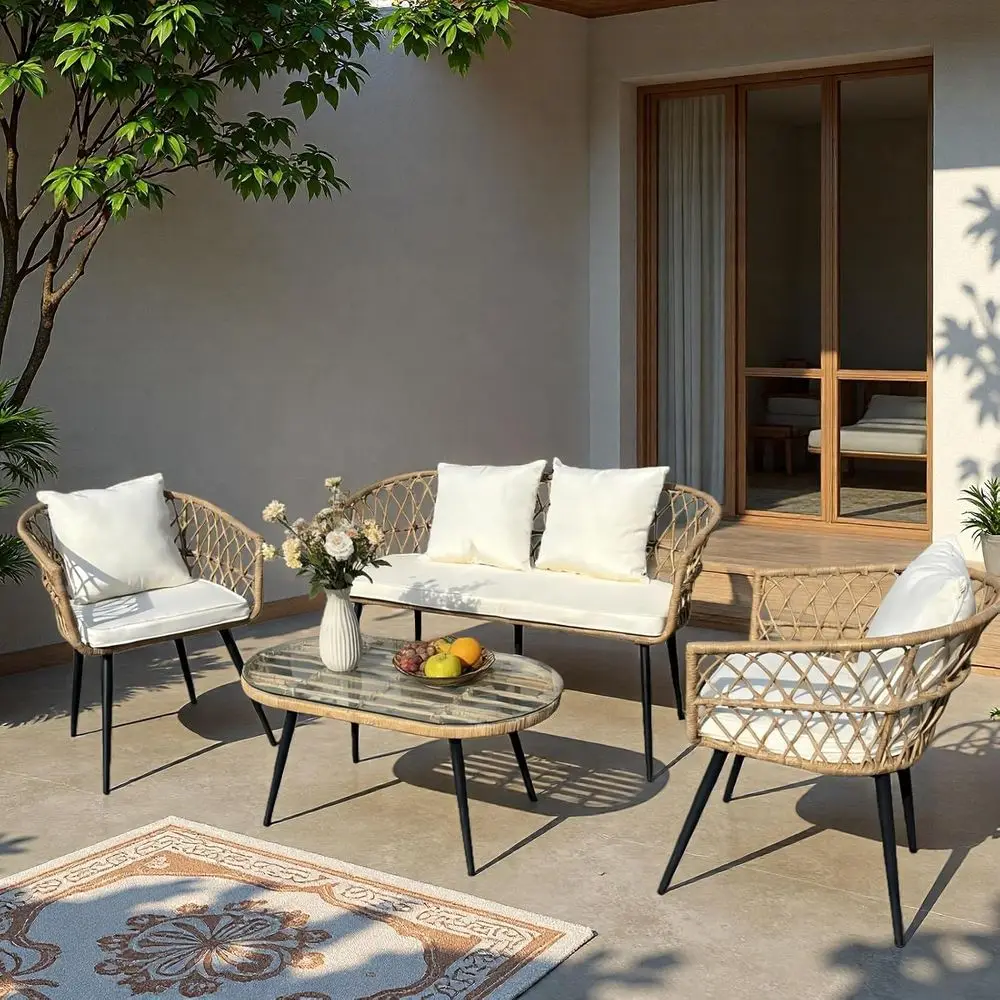 

All-Weather Outdoor Patio Set: 2 Rattan Chairs, Wicker Sofa, Glass Table with Beige Cushions for Garden, Porch, Backyard