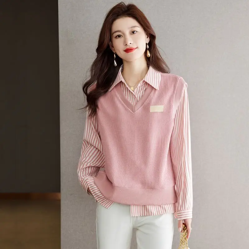 

Fake Two Striped Contrast Patchwork Casual Blouse Spring Autumn New Long Sleeve Loose Elegant Tops Office Korean Women Clothing