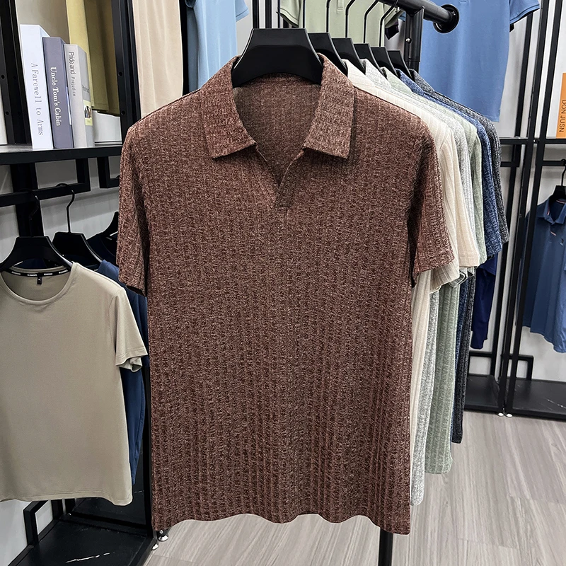 Herren Atmungsaktives Strick-Poloshirt Kurzarm V-Ausschnitt Gestreifter Stoff Bequem Leichtgewichtig Lässig Business Tägliche Kleidung – Detail 25