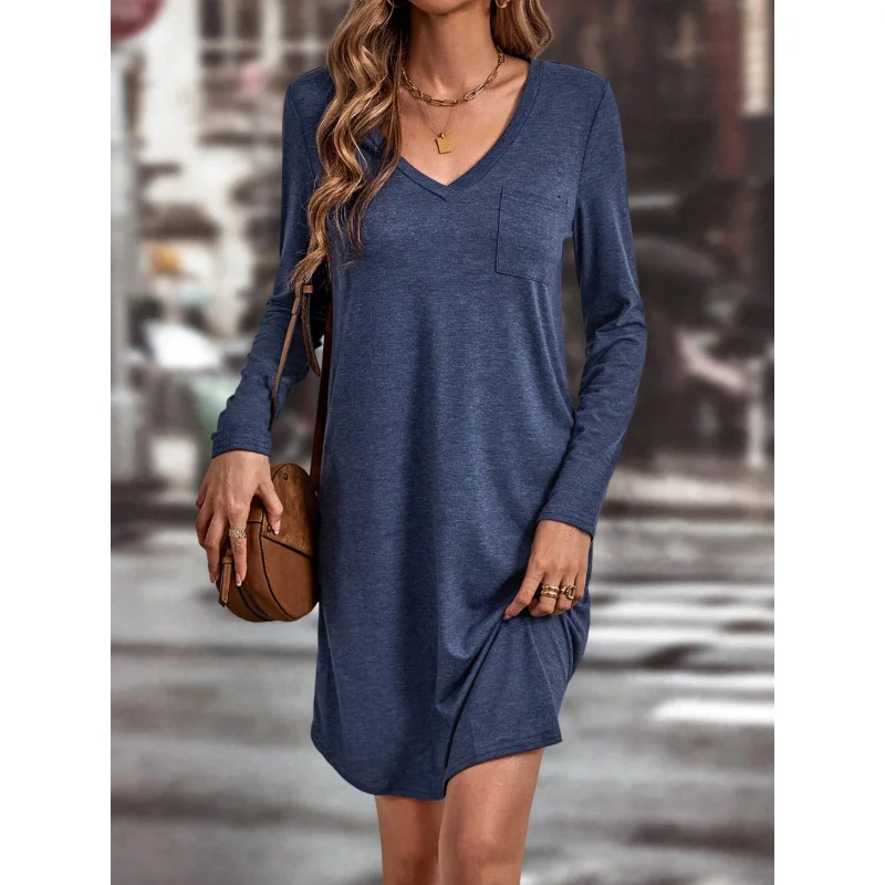 

YQ1-Autumn and Winter Hot-Selling Women's Loose Casual WearvCollared Solid Color Long Sleeve Dress