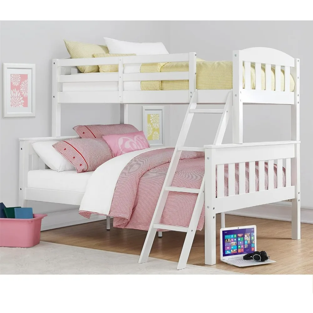 Wood Bunk Bed, Stackable and Detachable Bed Frames for Kids and Teens, with Angled Ladder, High Guardrail, Twin-Over-Full, White