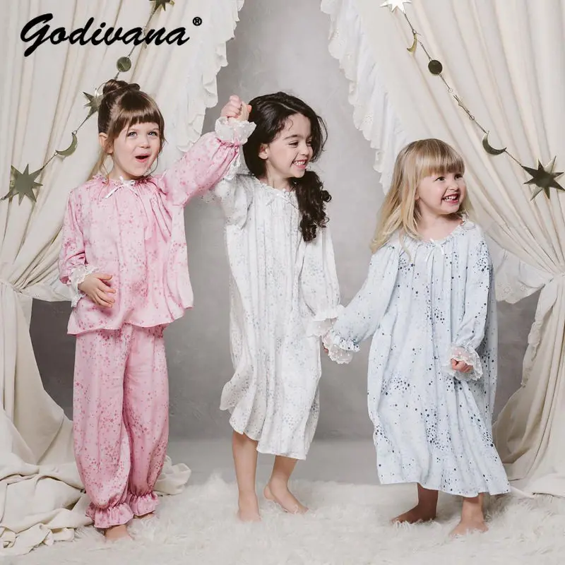 High-end Little Girls Star Print Rayon Satin Pajama Sets Kids Long Sleeve Thin Breathble Nightgown Lace Loose Princess Sleepwear