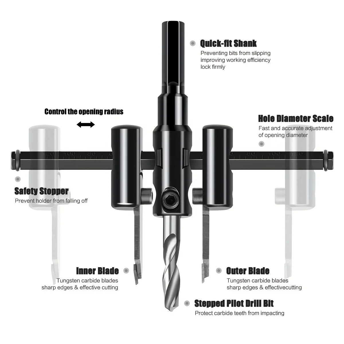 30-120/200/300mm Adjustable Circle Hole Cutter Wood Drywall Drill Bit Saw Round Cutting Blade Aircraft Type DIY Tool
