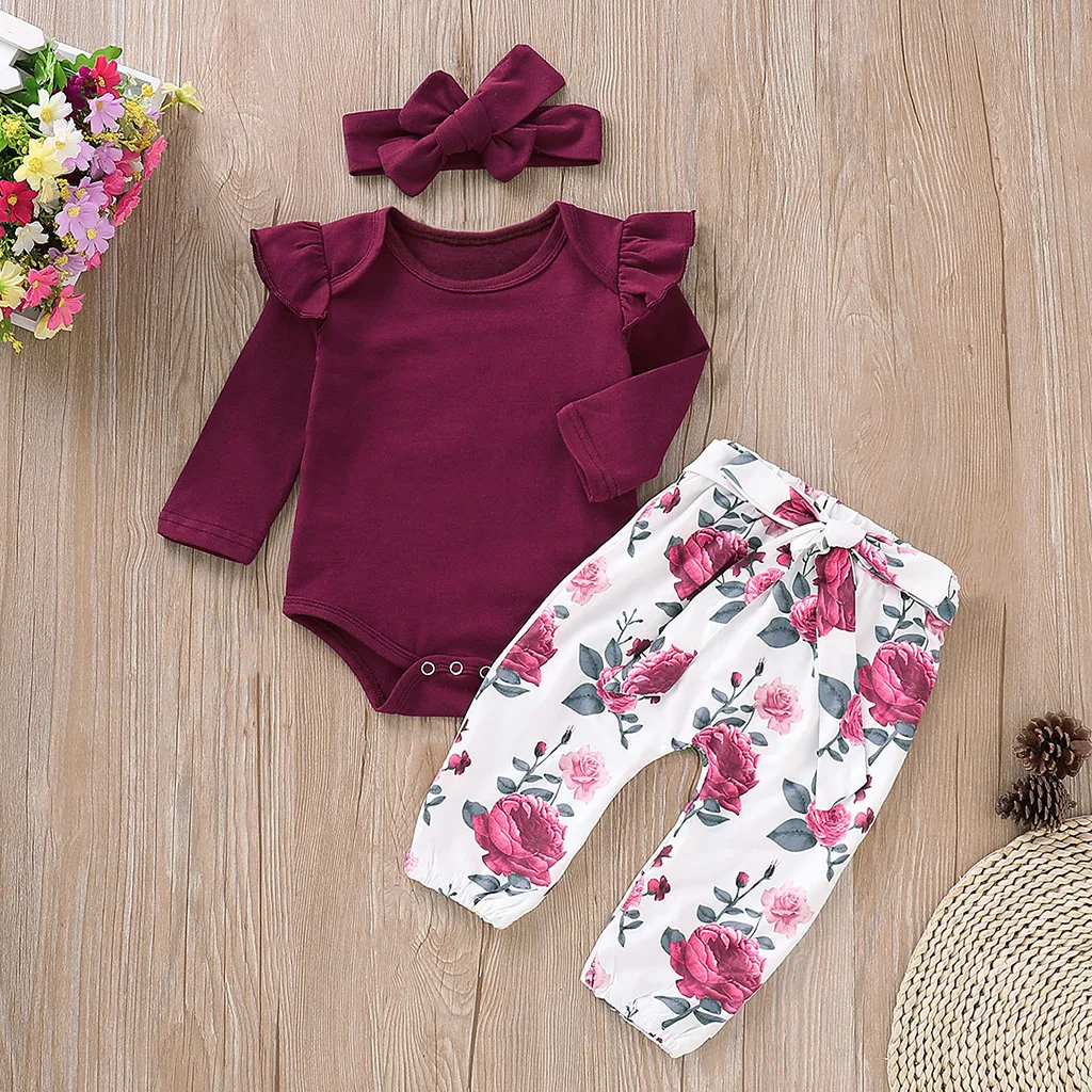 

PatPat 3pcs Baby Girl 95% Cotton Ruffle Long-sleeve Romper and Floral Print Pants with Headband Set