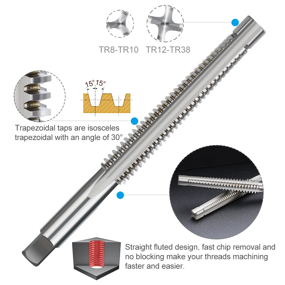 Hampton 1pc TR8-TR26 Trapezoidal Thread Tap For Metal Left/Right Hand Screw Tap High Speed Steel Machine Tap Plug Tap Hand Tools