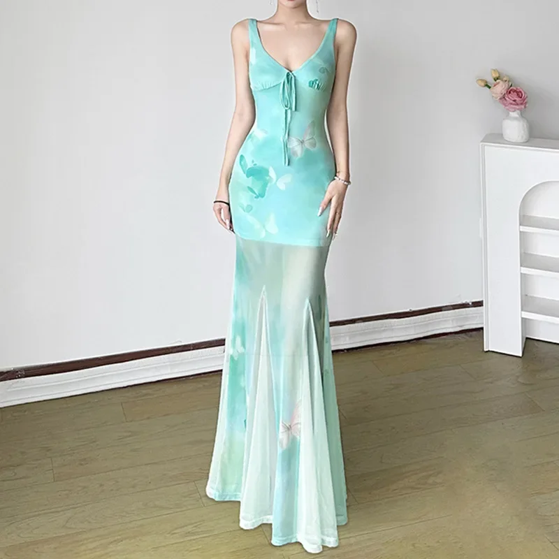 فستان على شكل بوق من الدانتيل على طراز الشاطئ شفاف من خلال فتحة رقبة مائلة نحيفة بدون أكمام فساتين ماكسي للنساء فستان صيفي جديد على الموضة