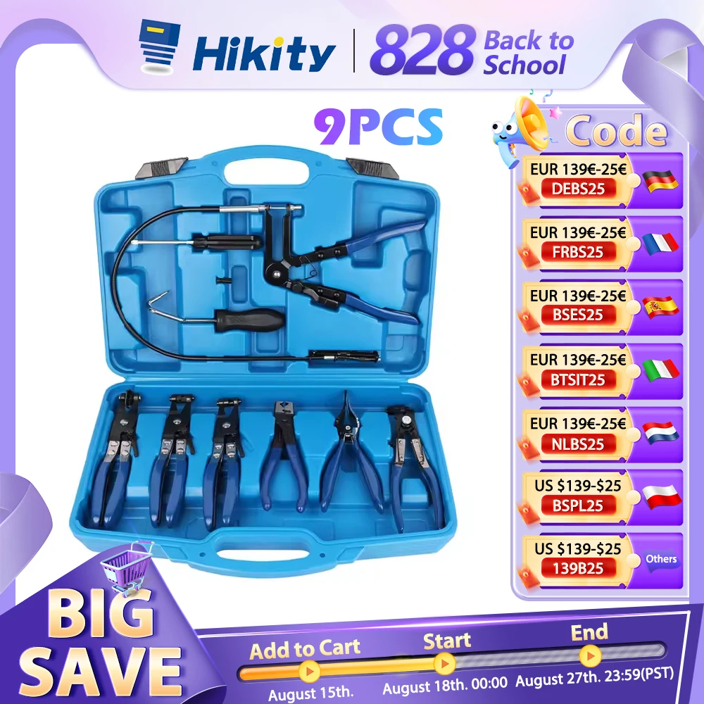 Hikity 9pcs Trim Removal Tool Wire Long Reach pinze per fascette stringitubo Set olio combustibile tubo dell'acqua strumenti automatici con scatola per Auto
