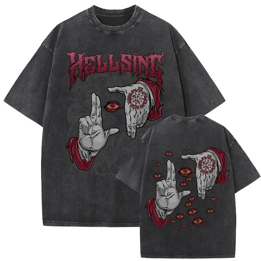 Camiseta Vintage lavada de Anime Hellsing Ultimate, ropa para hombre, camiseta de Manga Alucard Eyes, ropa de calle de talla grande para hombre, superventas