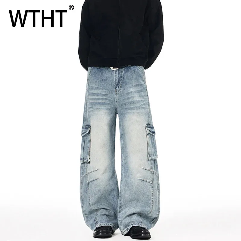 

WTHT Vinatge Men's Big Pockets Gradient Pleated Cargo Denim Pants Fashion High-waisted Wide Leg Jeans Male 2025 Winter 2A2550