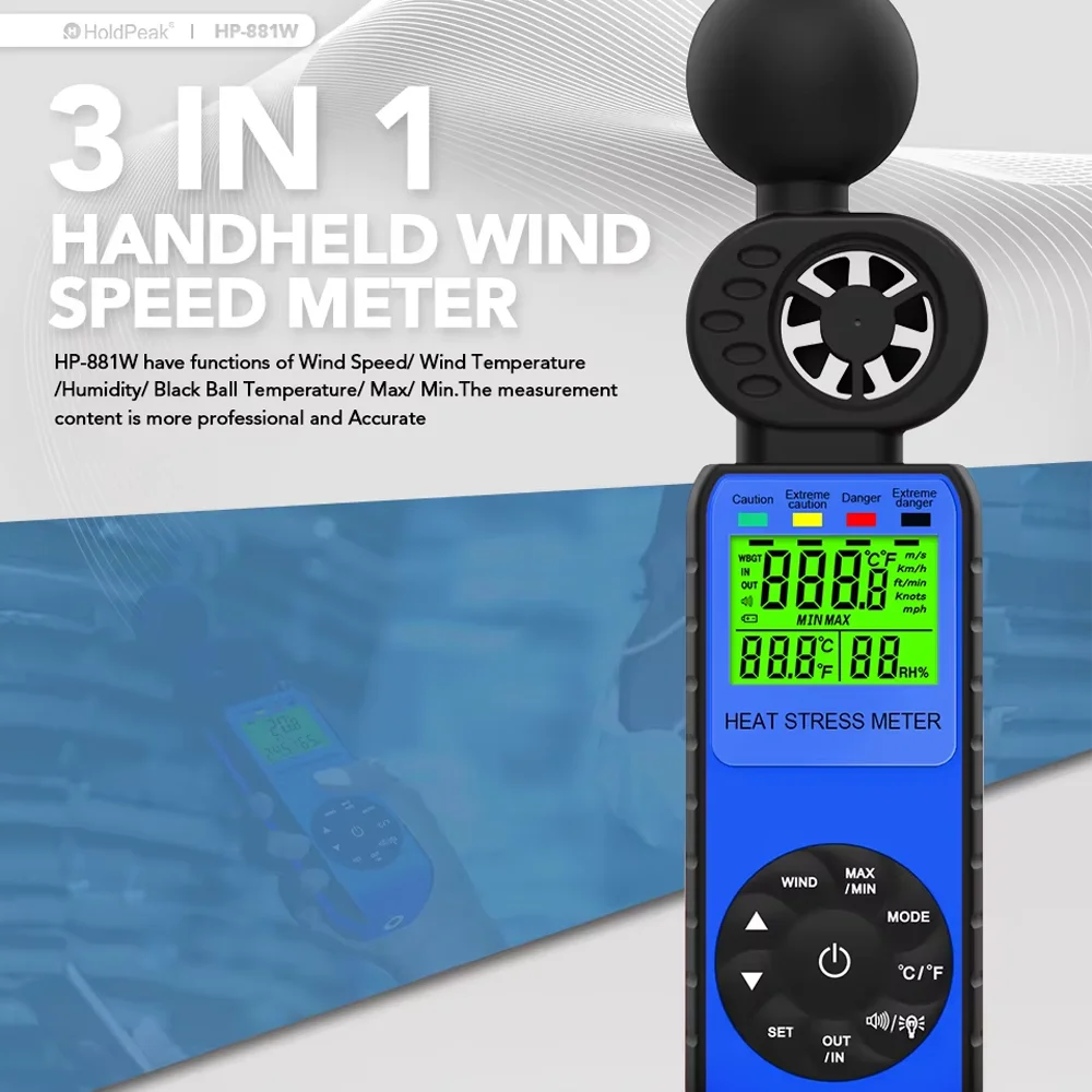 Handheld Wind Speed Meter, HP-881W, with Wind Speed, Temperature, Humidity, WBGT Alarm for Drone Flying,Hunting, Sailing, 3 in 1