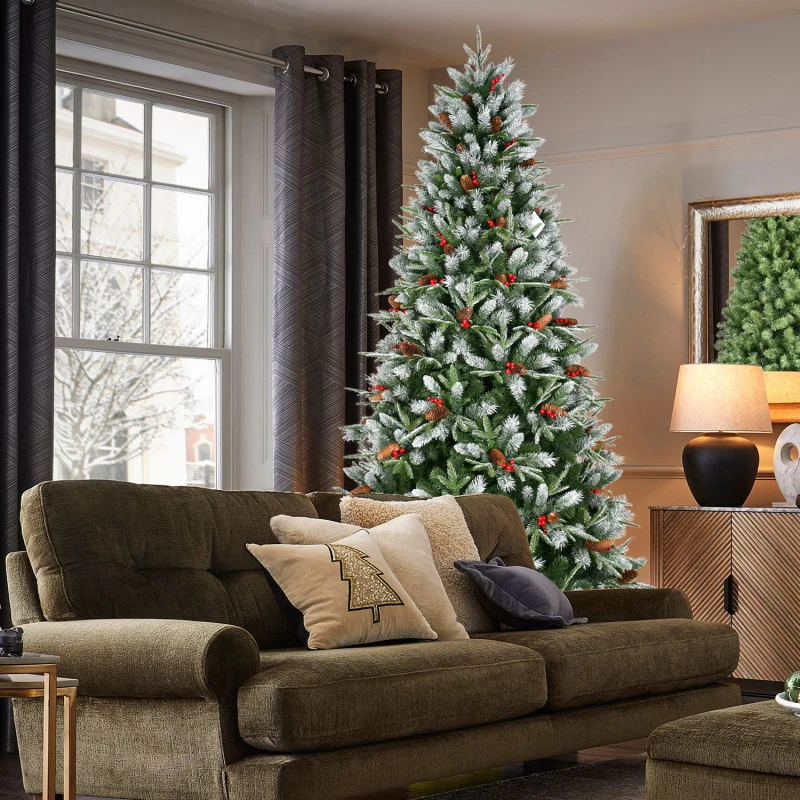 Árbol de Navidad de 7 pies con 2178 puntas, bayas rojas y conos de pino: ramas de PE+PVC teñidas de nieve, diseño con bisagras para una fácil instalación, resistente