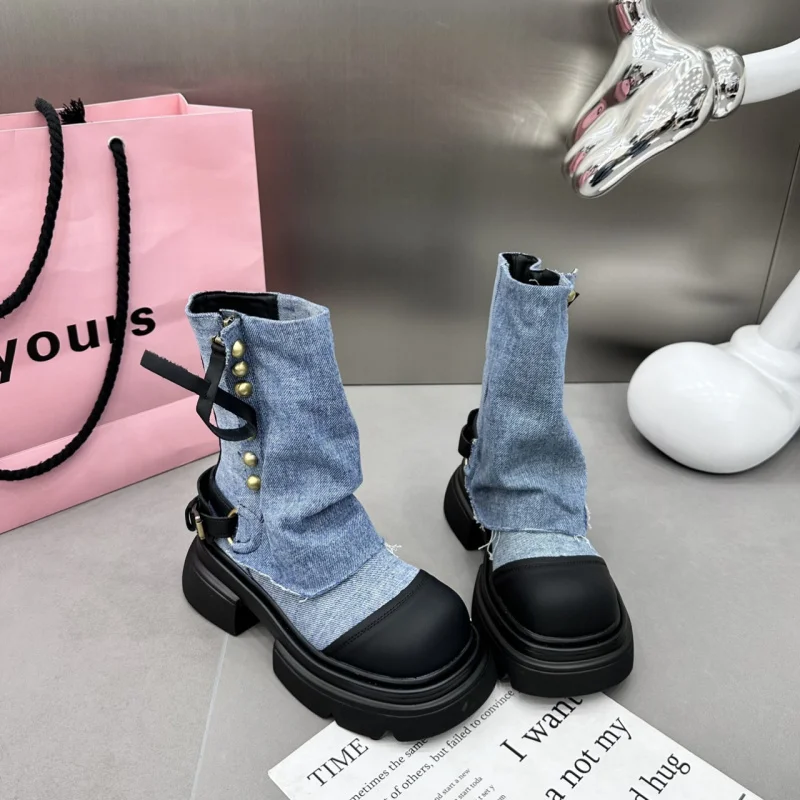 

Women Chunky Platform Booties Fashion Patckwork Ankle Boots Women Design Trouser Boots Thick Bottom Non Slip Cowboy Boots