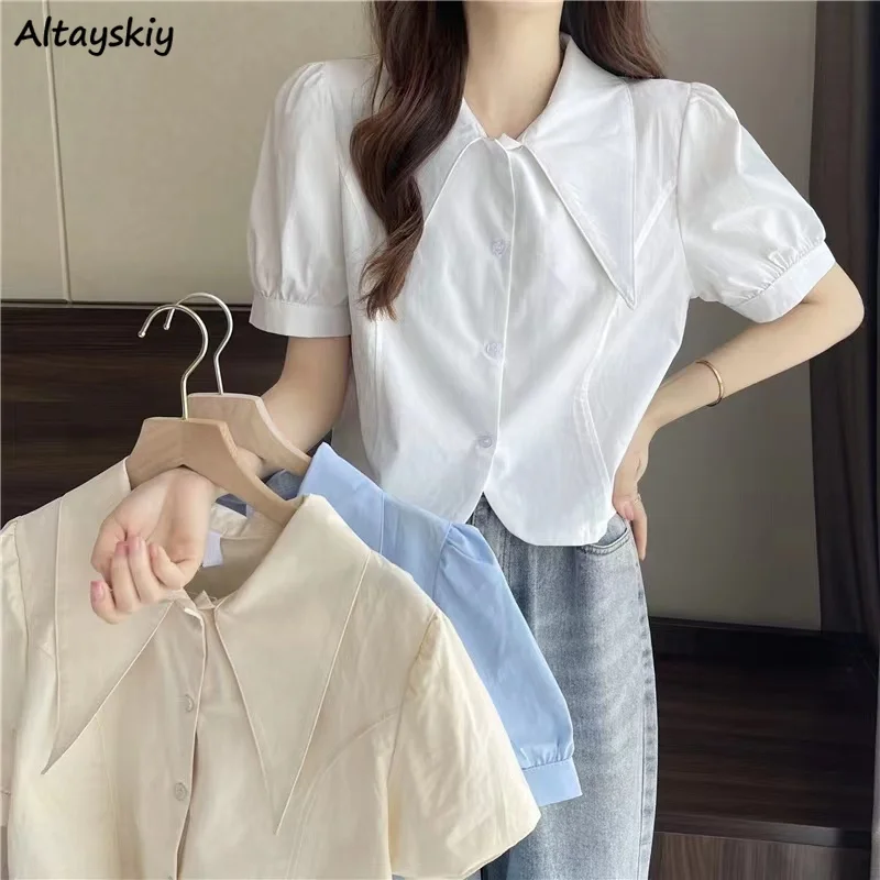 

Shirt Women Peter Pan Collar Sweet Three Colors Basic Lovely Puff Sleeve Single Breasted Korean Style Summer Popular All-match