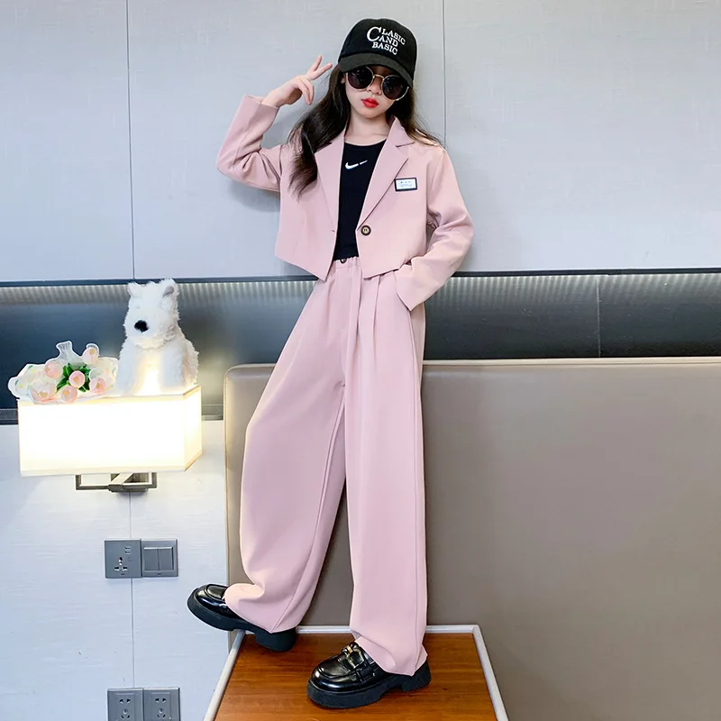 Girls Clothes Suit Autumn 2024 Pink Short blazer Wide Leg Pants Two Pieces School Teen Children Clothing Set Casual Kids costum