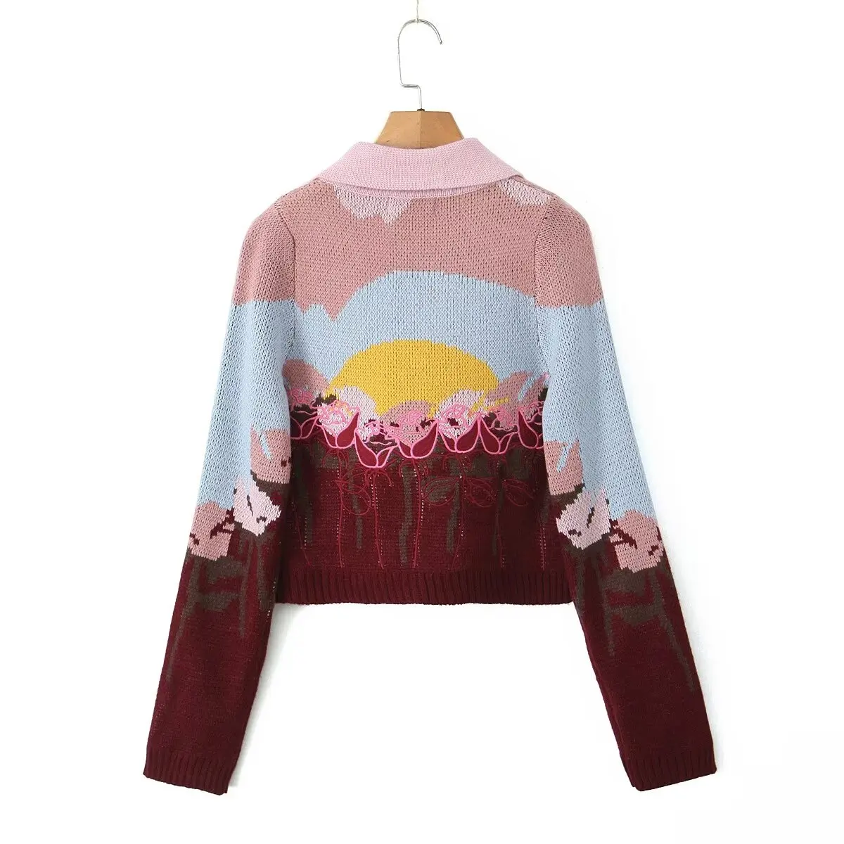 Jenny&Dave Retro Flower Fashion Ladies Short Sweaters Women Top Print Color Blocked Knitted Cardigan Jacket