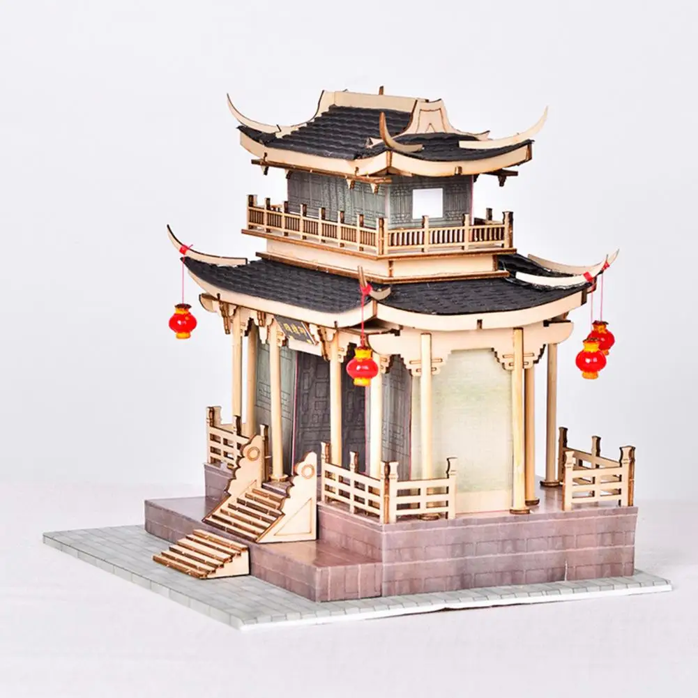 Assembled Chinese Architecture Toy Diy Wooden Model Kit Chines Style Wooden 3d Puzzle Building Model Kit for Kids Adults Vintage