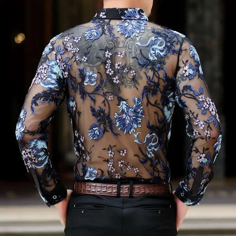 Embroidery Lace Club Party Shirt Luxury Transparent Shirt Men Long Sleeve Chemise Hommesexy See Through Mesh Shirt Men 4xl