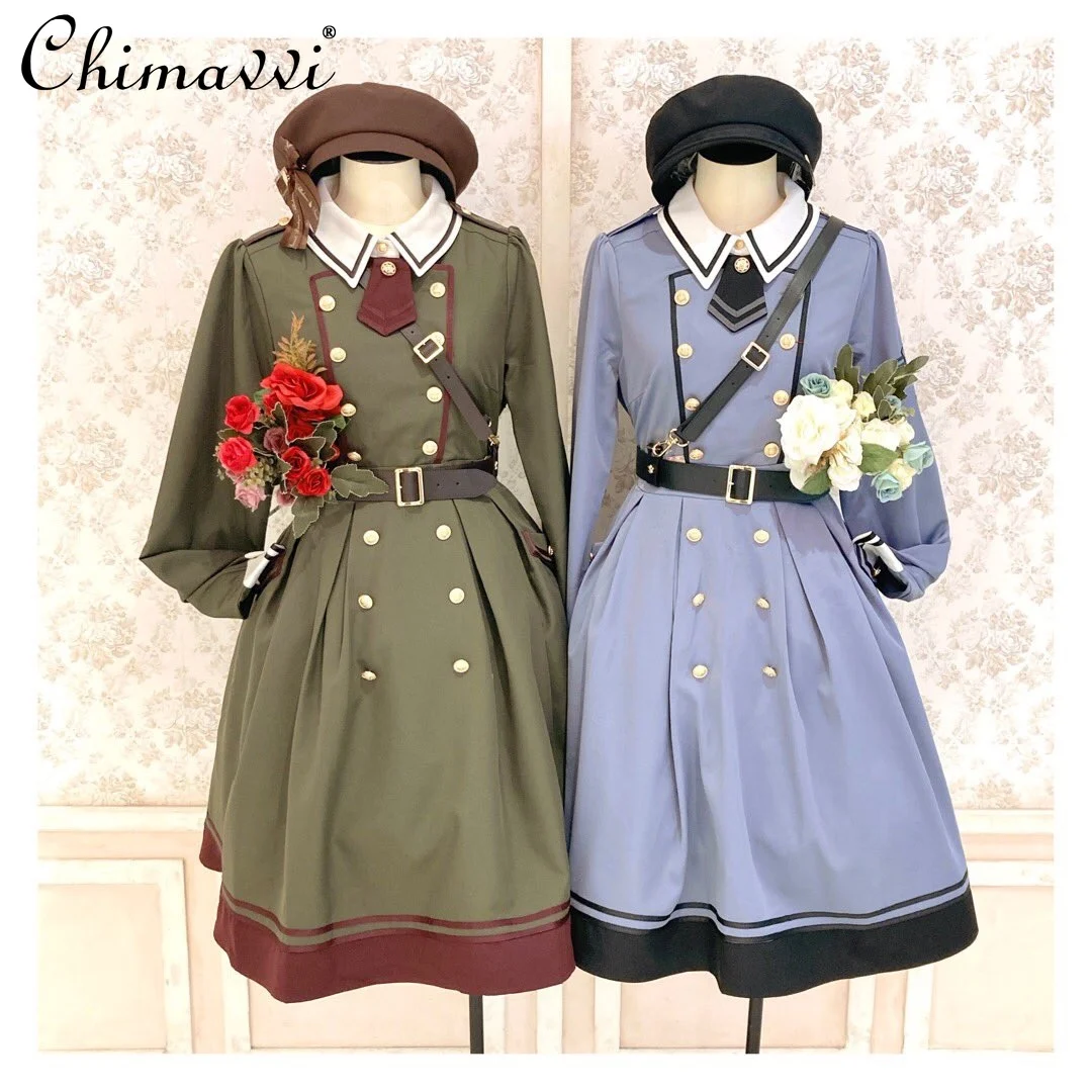 College Style Dress 2024 Autumn and Winter Embroidered Badge Double Breasted Dress Slim Women's Vintage Midi Length Dresses