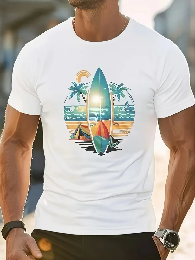 

Surfboard Print T-shirt Men's Fashion Trend Casual T-shirt Round Neck Short-sleeved Top Summer Sports Top Beach Style T-shirt