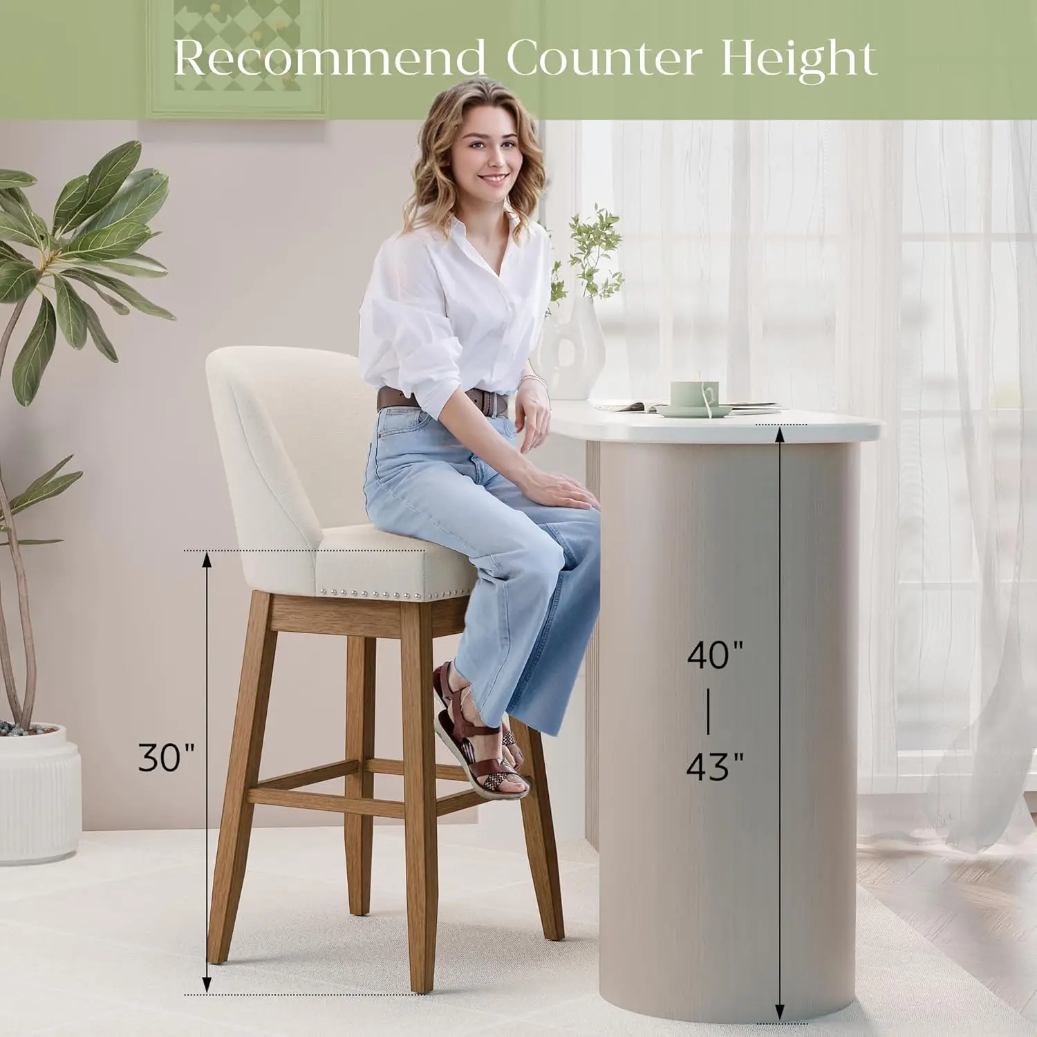 Taburetes de Bar Giratorios con Altura de Mostrador, Juego de 2 Taburetes Tapizados con Altura de Asiento de 30 Pulgadas, Patas de Madera Maciza con Reposapiés, Personalizables