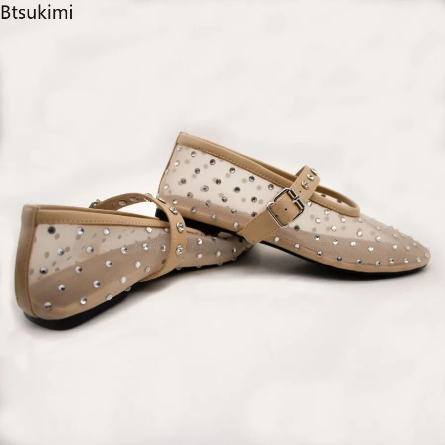 Nude Mesh Flat Shoes with Sparkly Crystals Women Round Toe See-through Breathable Shoes Elegant Ladies Summer Buckle Strap Shoes