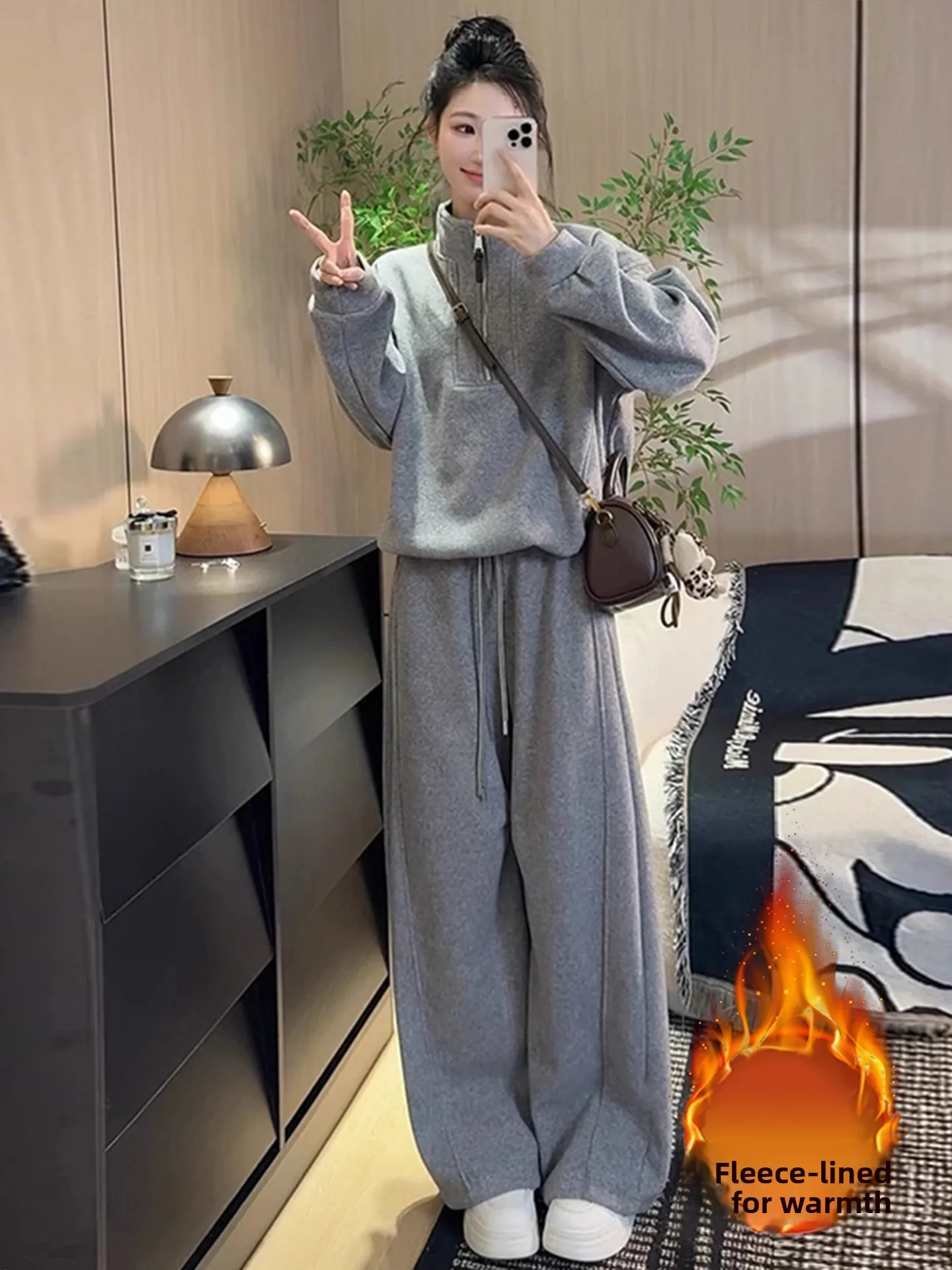 Damski komplet Thiened Fce na jesień i zimę, nowy, prosty i elegancki, bluza z wysokim kołnierzem na zamek i spodnie typu knife pants, dwuczęściowy zestaw.