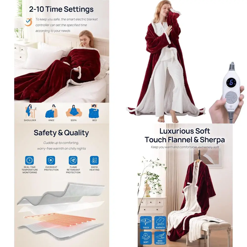 

Heated Electric Fleece Blanket with Foot Pocket, 6 Temperature Levels, Adjustable Heating Time, 50x70+18, Red