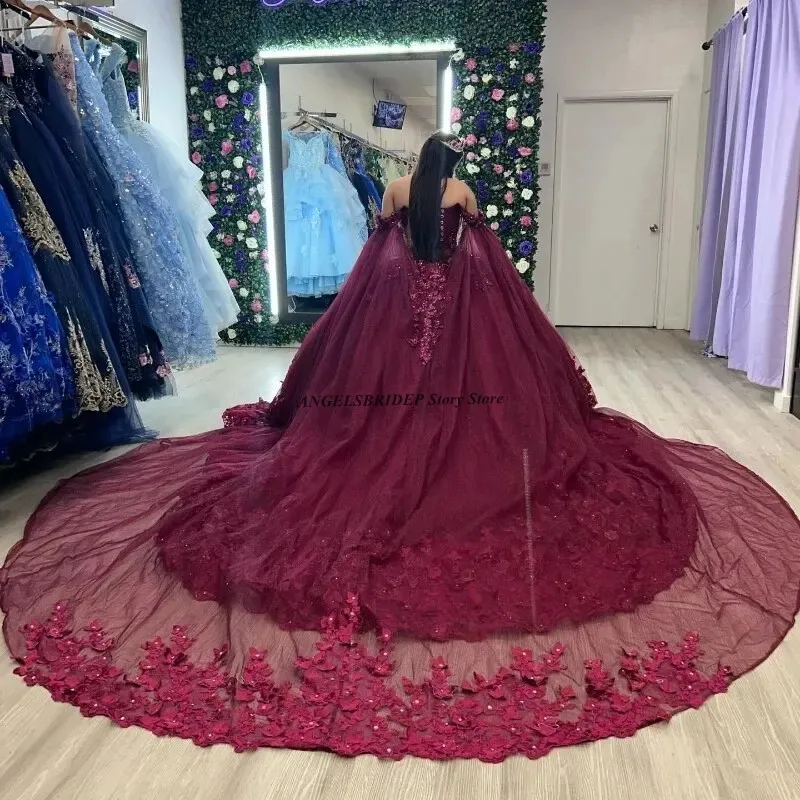 ANGELSBRIDEP 3D Butterfly Flowers Quinceanera Dresses With Detached Cape Wine Red Appliques Lace Crystal Vestidos De 15 Años