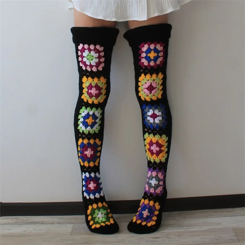 2026 New Womens Autumn Winter Thigh Socks Extra Long Ethnic Crochet Knit Stockings Over Knee Socks Hot Sale