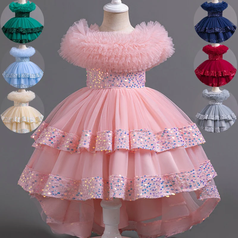 A127 Baby Girls Trailing Dress Princess Party Dress Flower Elegant Wedding Gown Big Bow Birthday Kids Dresses For Girls Children