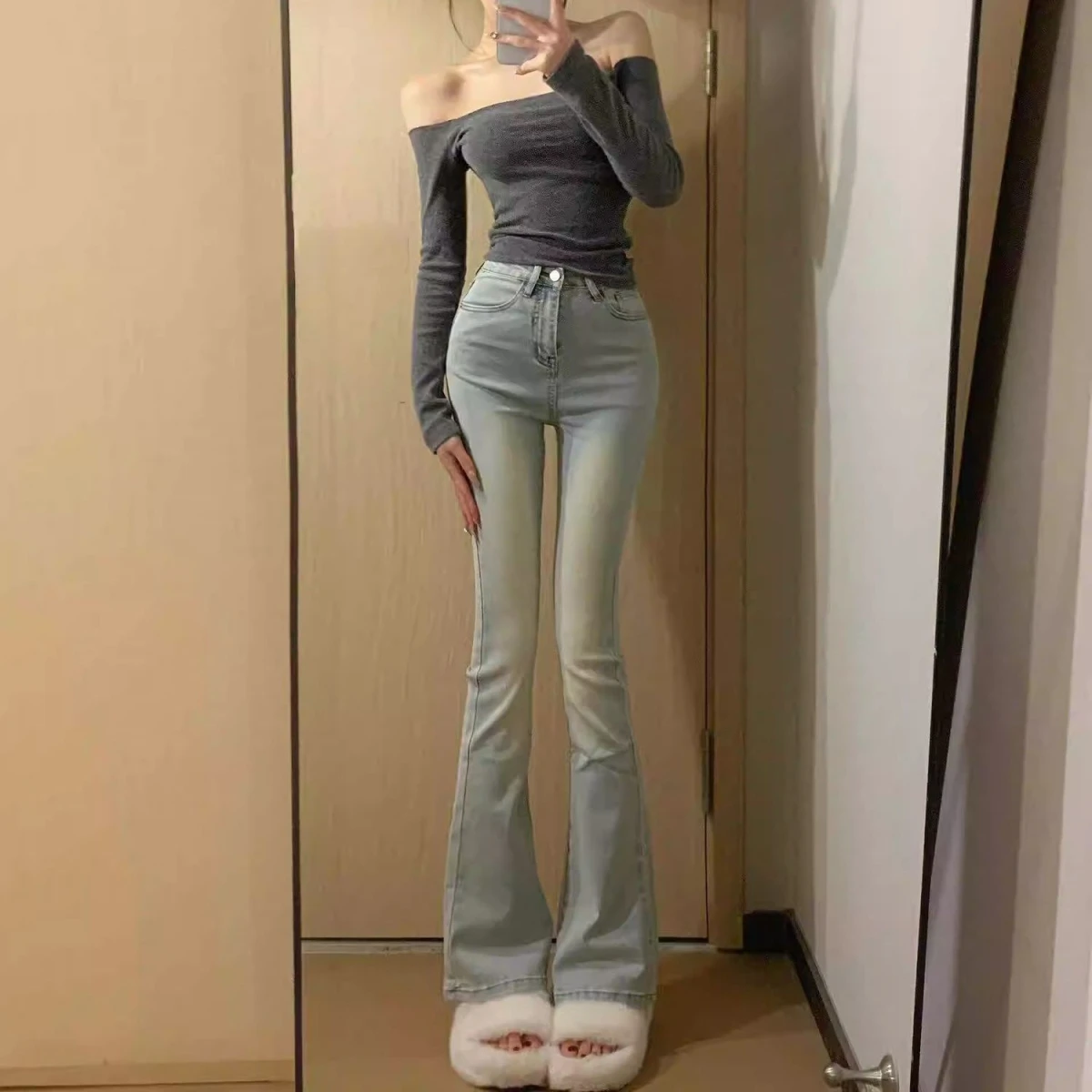 

Ретро джинсы из синего денима для женщин, с высокой талией, эластичные, облегающие, расклешенные, повседневные, весна-лето