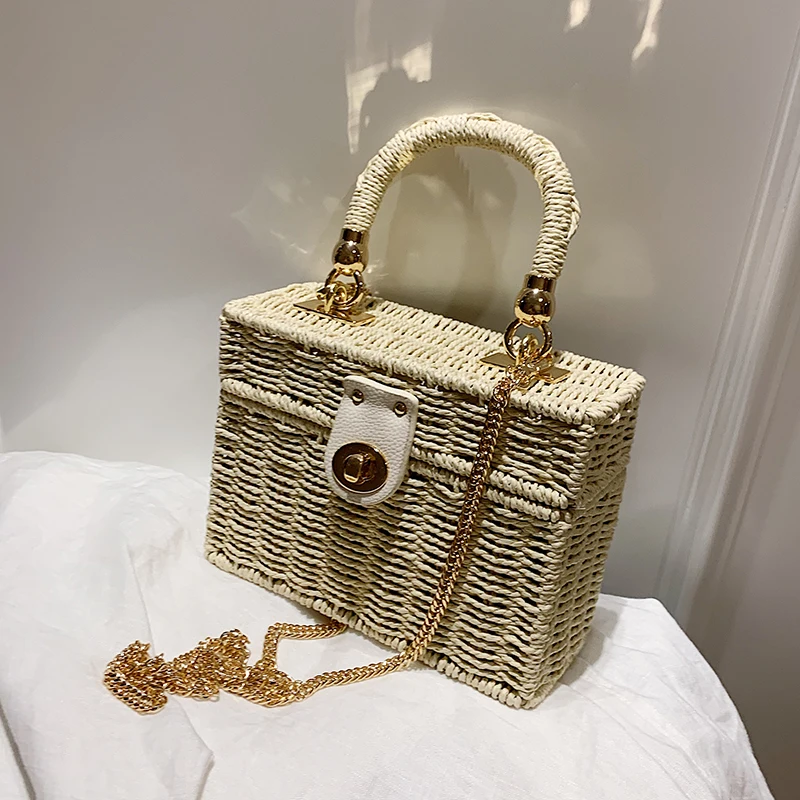 Elegant Female Box Tote bag 2021New High-quality Straw Women\'s Designer Handbag Weave Chain Shoulder Messenger Bag Beach bag밀짚가방