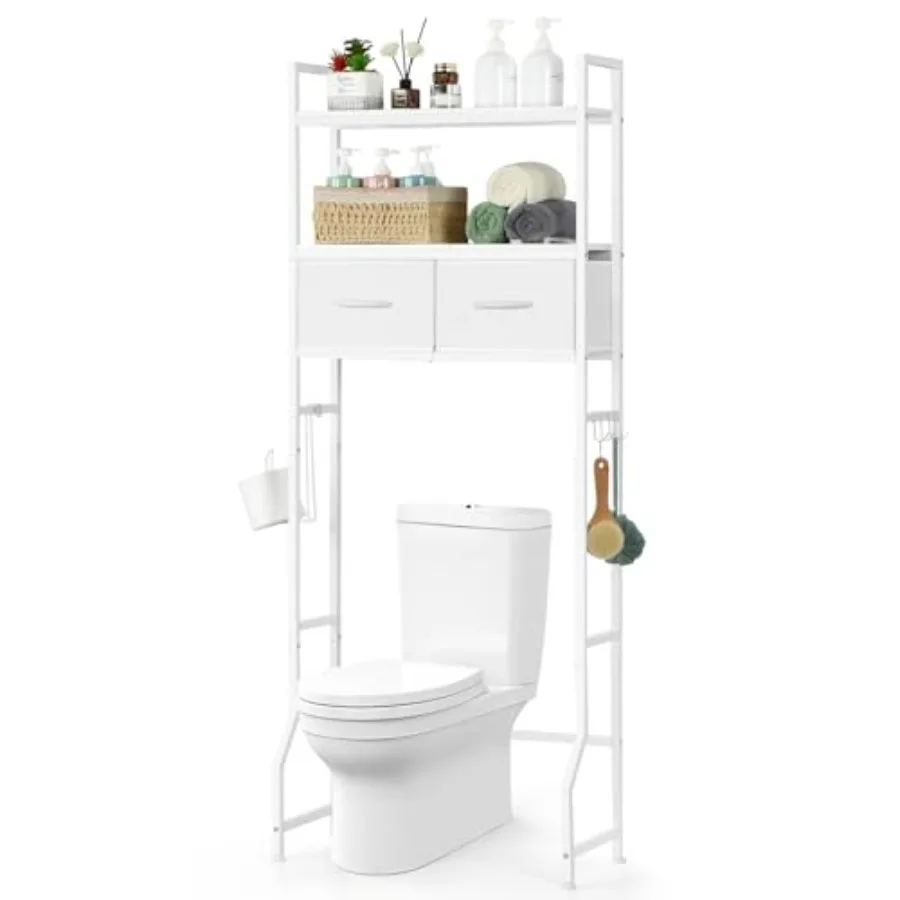 

Over The Toilet Storage Cabinet with Drawer Above Toilet Stand with Roll Holder and Hooks Wooden White Bathroom Organizer Shelf