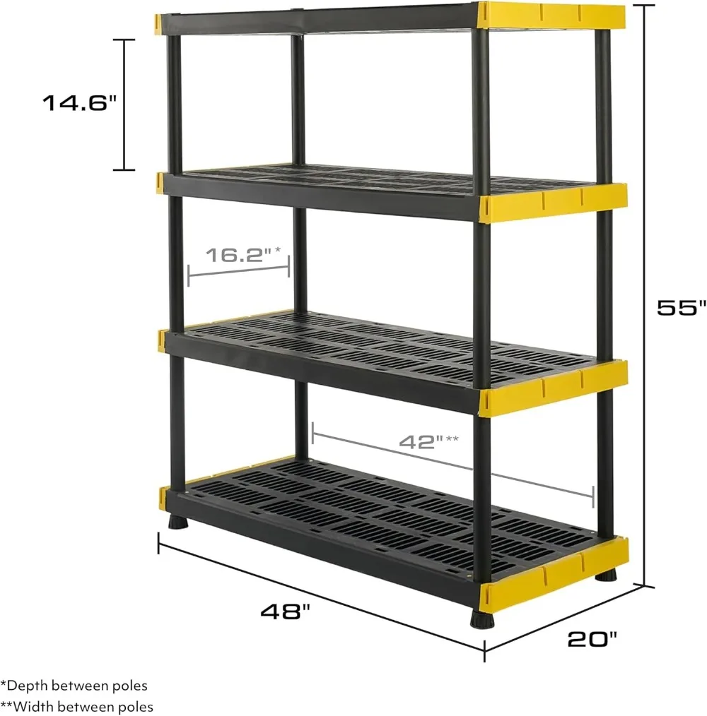 Black & Yellow®, 4-Tier Heavy Duty Plastic Storage Shelving Unit, 200lbs/shelf (55”H x 48”W x 20”D), Modular Rack