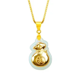 Natural White Hetian Jade + 18K Solid Gold Inlaid Carved Money Bag Lucky Pendant + Free Necklace Fine Jewelry + Certificate