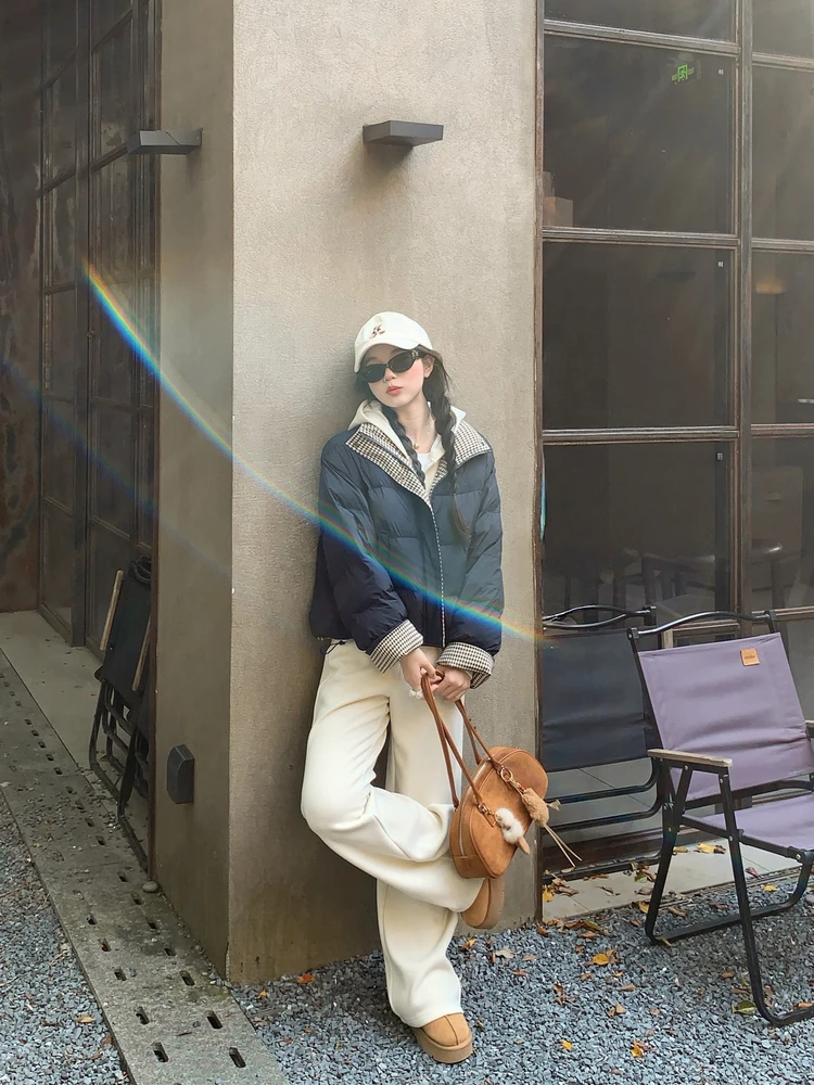 

Faionable Plaid Splicing Cotton Jaet Women's Design Sense Autumn Winter Blue Outerwear Loose Fit Regular Sve Long Zipper