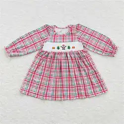 Smocked Embroidered Christmas Tree White Short-sleeved Dress Baby Girls Clothes Wholesale Boutique RTS