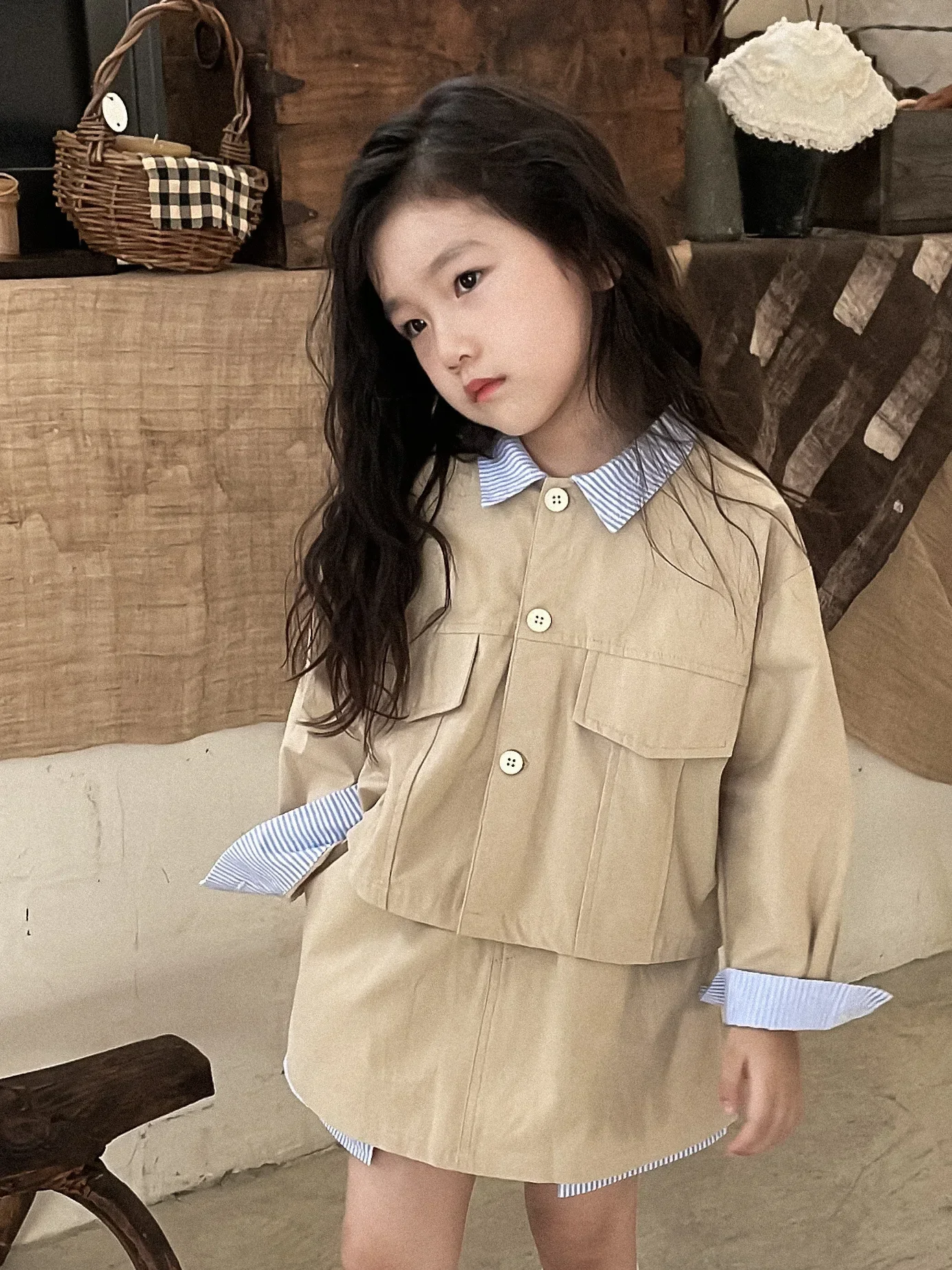 Girls Suit 2024 Autumn New Childrens Wear Korean Style Girl Baby Foreign Style Jacket Half Skirt Two-piece Set Casual Simple