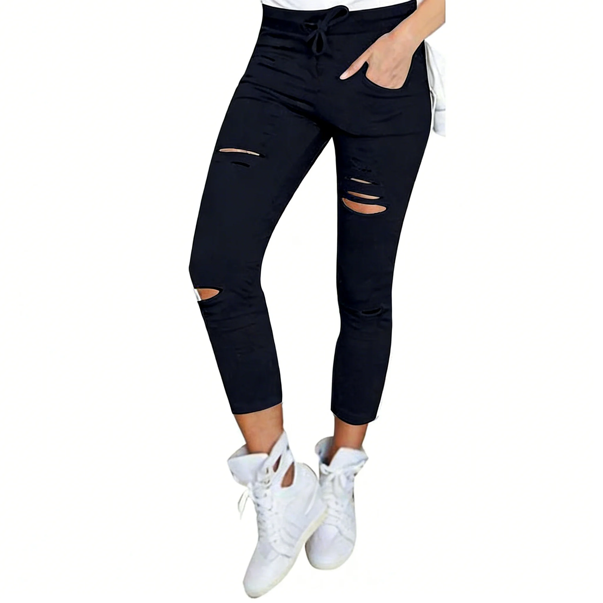 Zagros Women High Waisted Hollow Out Pencil Pants, Stretchy Slim Skinny Broken Hole Streetwear Trousers