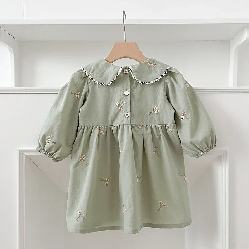 1-6Y Autumn New Girls Dress Fashion Cute Doll Neck Embroidered Flowers Dress Spring Children's Girls Long Sleeve Princess Dress