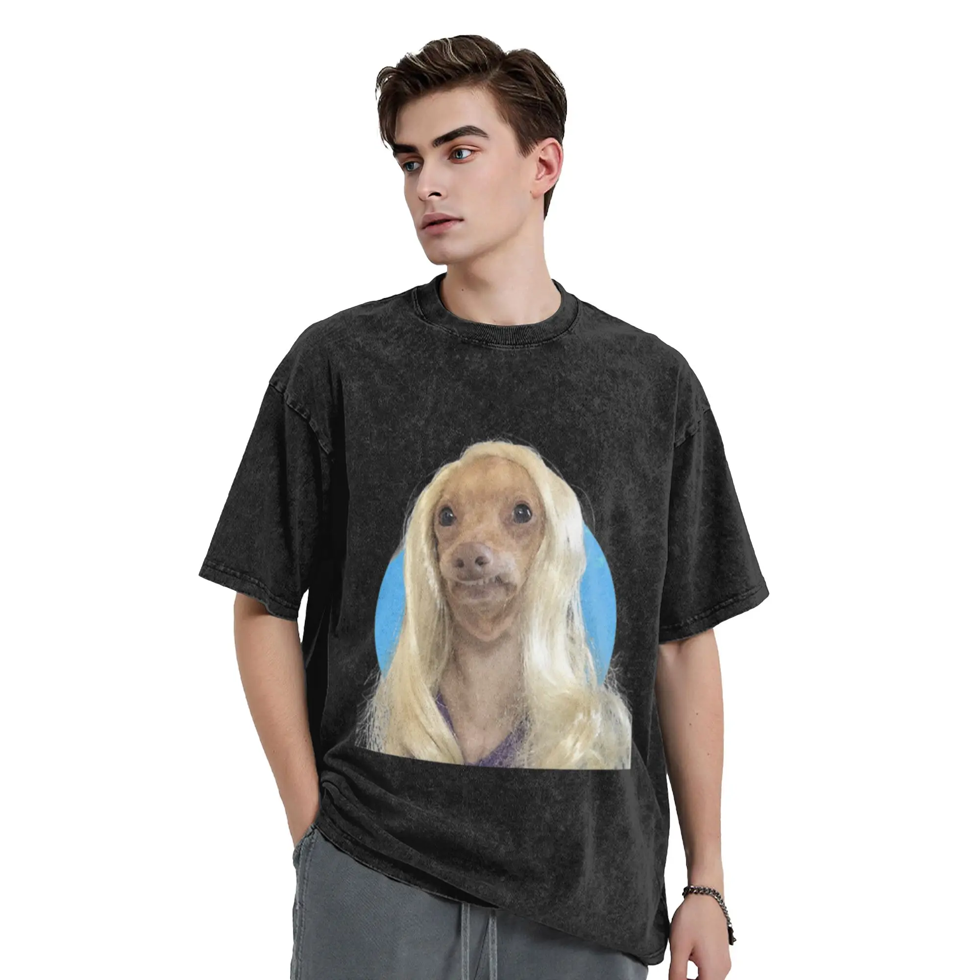 Dogs in wigs Classic Chic A Washed T Shirt Men's Women's Oversized Cotton Tees Tops