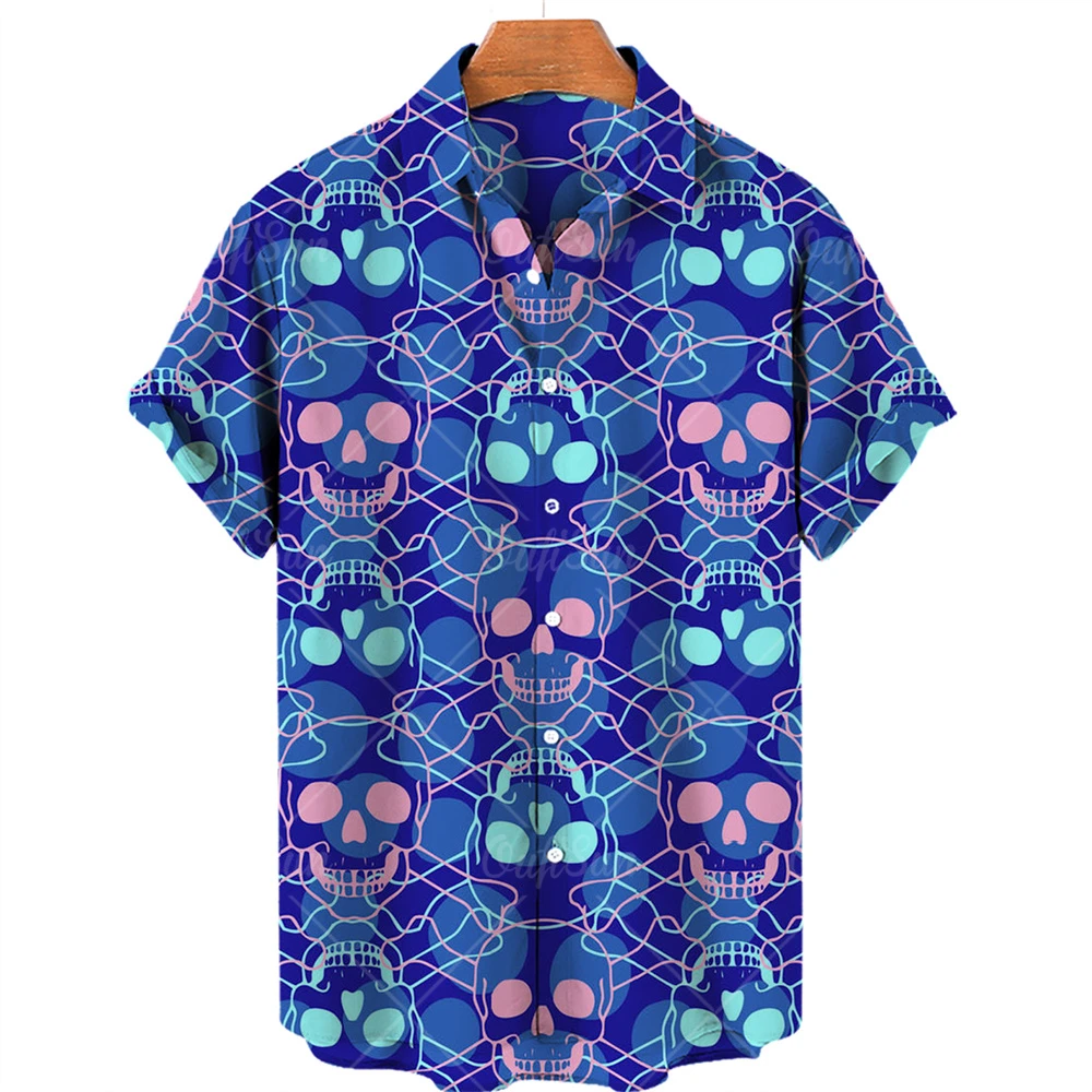 Men\'s Short Sleeve Hawaiian Shirt One Button Shirt 3D Skull Print Casual Breathable Beach Shirt Plus Size 5XL