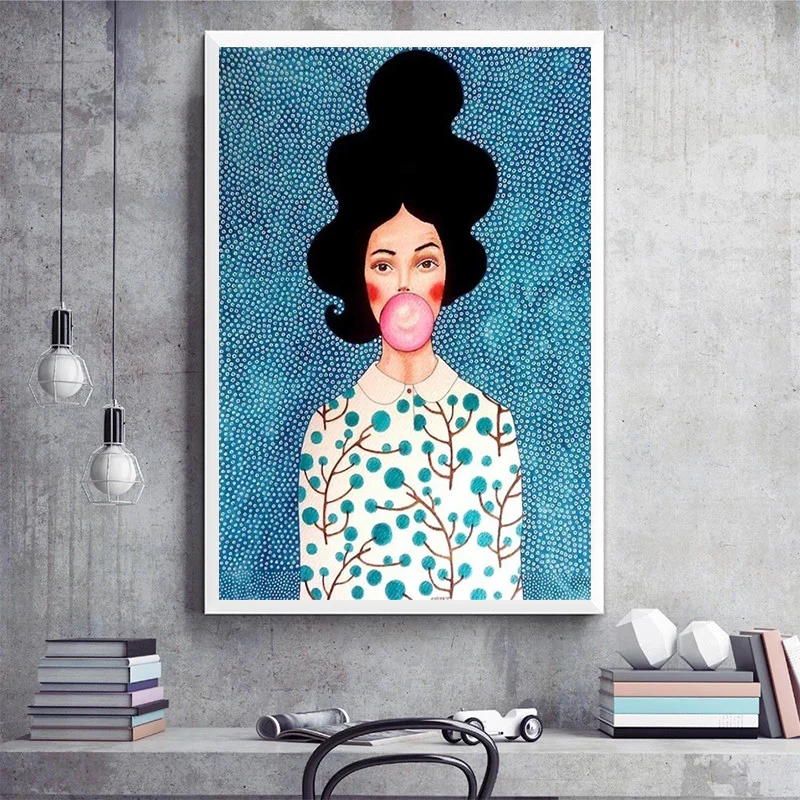 Nordic Girl Hair Flower Bird Canvas Painting Abstract Figure Character Colorful Posters Prints Wall Art Picture for Home Decor